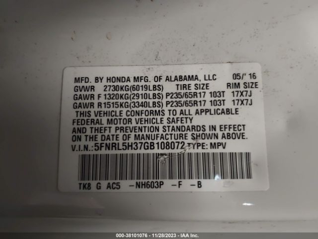 5FNRL5H37GB108072 Honda ODYSSEY SE
