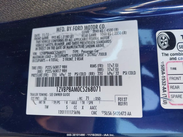 2012 FORD MUSTANG V6 VIN: 1ZVBP8AM0C5268071
