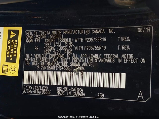 2015 LEXUS RX 350 VIN: 2T2ZK1BA6FC164506
