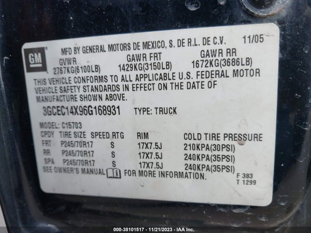 2006 CHEVROLET SILVERADO 1500 WORK TRUCK VIN: 3GCEC14X96G168931
