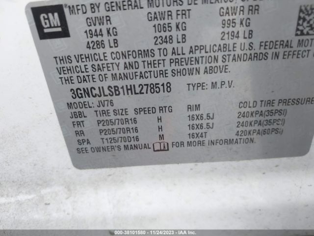 3GNCJLSB1HL278518 Chevrolet Trax Lt