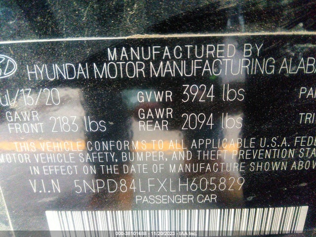 2020 HYUNDAI ELANTRA SEL VIN: 5NPD84LFXLH605829