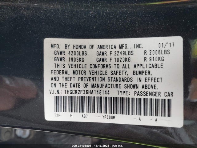 Honda ACCORD LX 2017 1HGCR2F36HA148144 Image 9