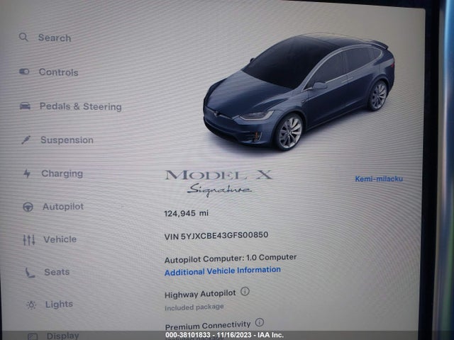 Продажа на аукционе авто 2016 Tesla Model X 75d/p100d/p90d, vin: 5YJXCBE43GFS00850, номер лота: 38101833