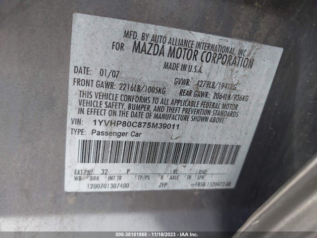 2007 MAZDA MAZDA6 I SPORT VE VIN: 1YVHP80C875M39011