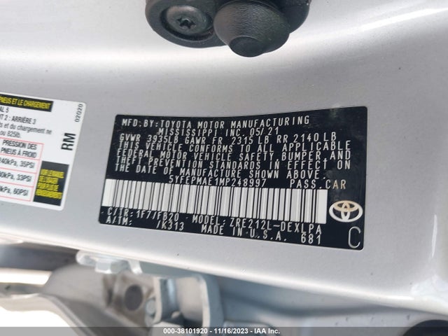 2021 TOYOTA COROLLA LE VIN: 5YFEPMAE1MP248997