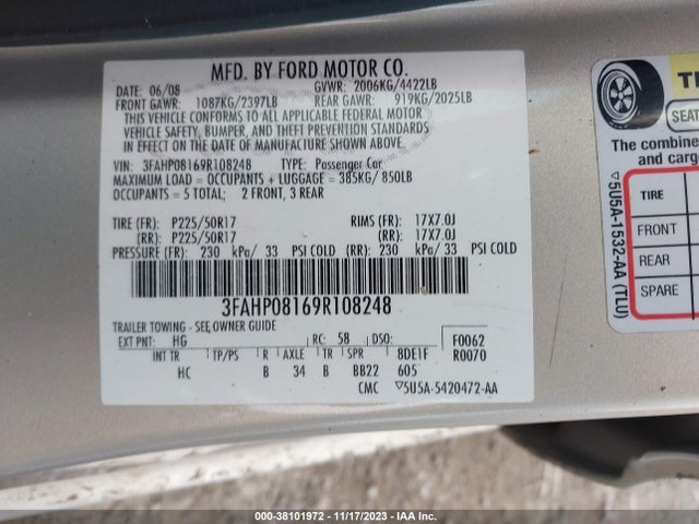 2009 FORD FUSION SEL VIN: 3FAHP08169R108248