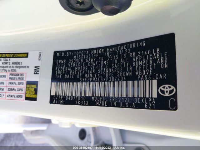 5YFEPMAE6NP387704 Toyota COROLLA LE