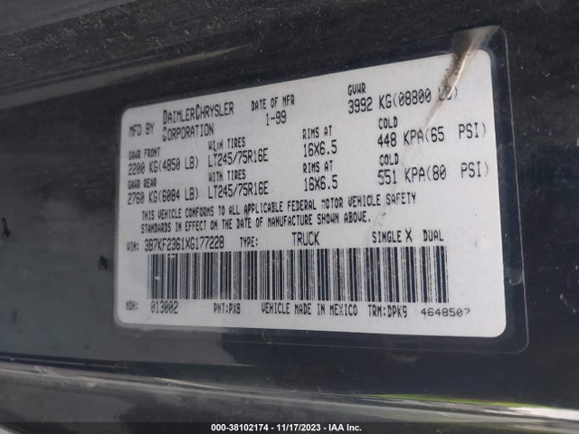 Auction sale of the 1999 Dodge Ram 2500 St, vin: 3B7KF2361XG177228, lot number: 38102174