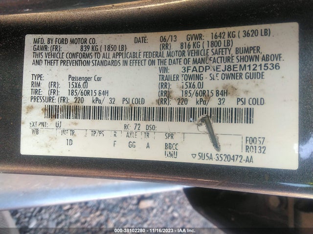 2014 FORD FIESTA SE VIN: 3FADP4EJ8EM121536