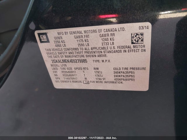 2014 GMC TERRAIN SLE-1 VIN: 2GKALMEK4E6279985