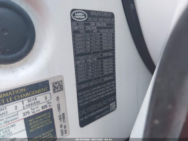 2020 Land Rover Range Rover Velar P250 S მანქანა იყიდება აუქციონზე, vin: SALYB2EX8LA278909, აუქციონის ნომერი: 38102480