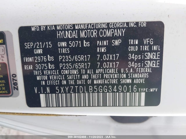 2016 HYUNDAI SANTA FE SPORT 2.4L VIN: 5XYZTDLB5GG349016