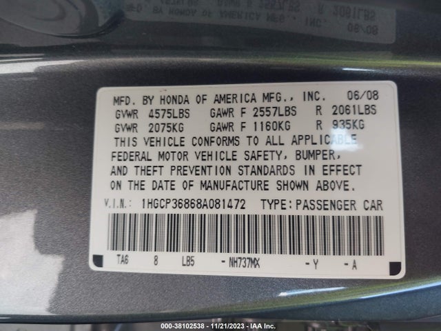 2008 HONDA ACCORD SDN EX-L VIN: 1HGCP36868A081472