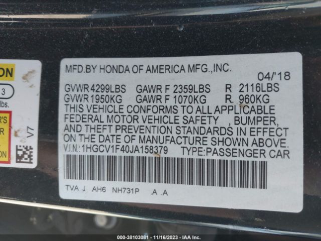 1HGCV1F40JA158379 Honda ACCORD EX