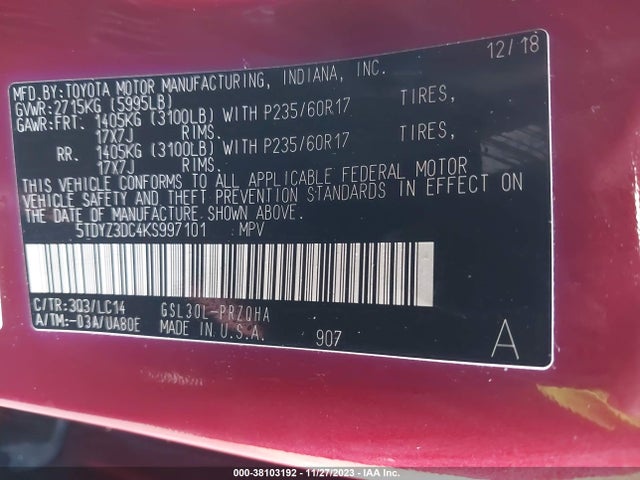 Toyota Sienna Xle 8 Passenger 2019 5TDYZ3DC4KS997101 Image 9