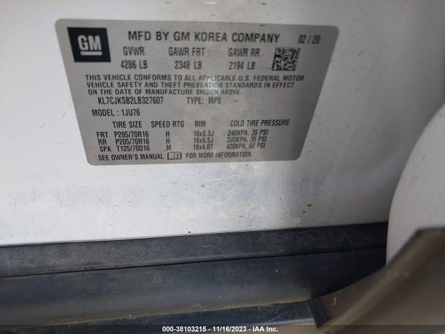 Продажа на аукционе авто 2020 Chevrolet Trax Fwd Ls, vin: KL7CJKSB2LB327607, номер лота: 38103215