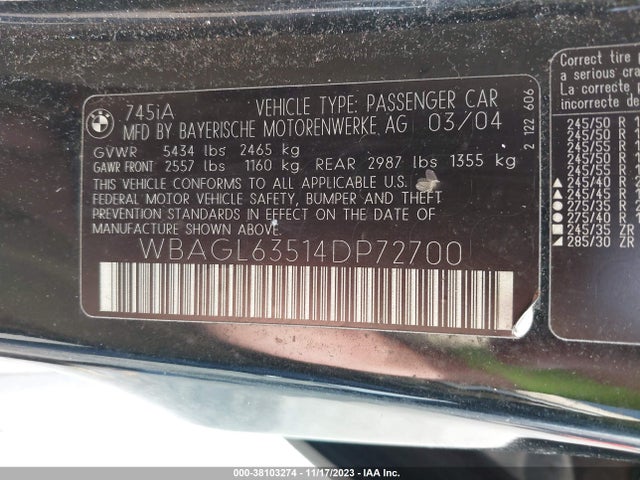 2004 BMW 745I VIN: WBAGL63514DP72700