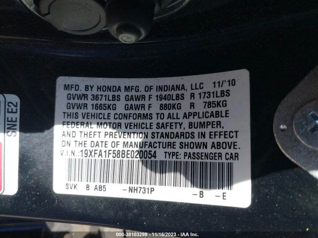 2011 HONDA CIVIC SDN LX VIN: 19XFA1F58BE020054