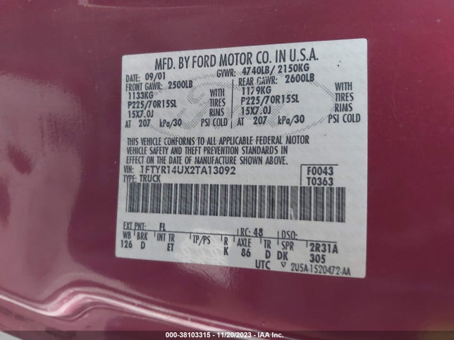 2002 FORD RANGER EDGE/TREMOR/XL/XLT VIN: 1FTYR14UX2TA13092
