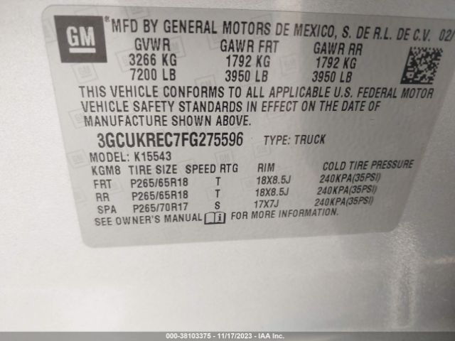 Chevrolet Silverado 1500 2lt 2015 3GCUKREC7FG275596 Image 9