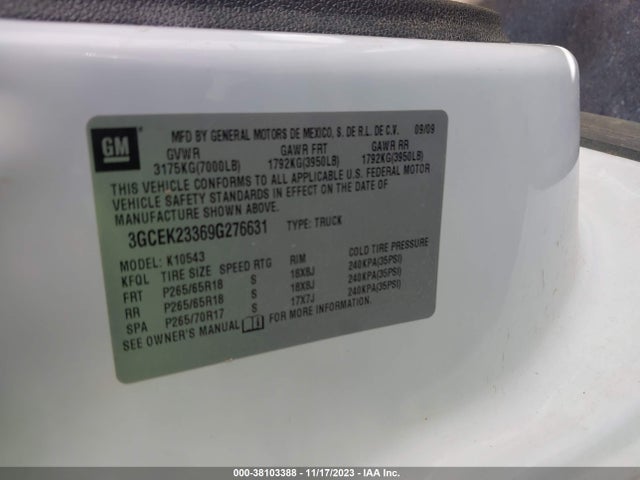 2009 CHEVROLET SILVERADO 1500 LT VIN: 3GCEK23369G276631