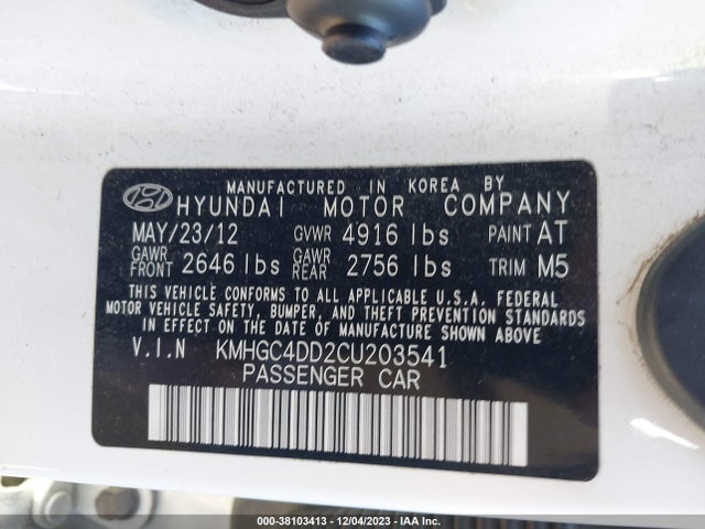 2012 HYUNDAI GENESIS 3.8 VIN: KMHGC4DD2CU203541