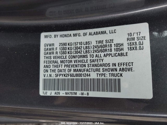 Honda Ridgeline Rtl-t 2018 5FPYK2F60JB001244 Image 9