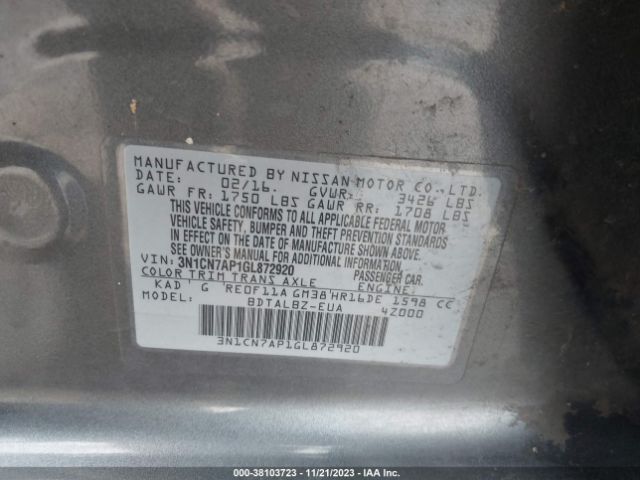 3N1CN7AP1GL872920 Nissan Versa 1.6 Sv