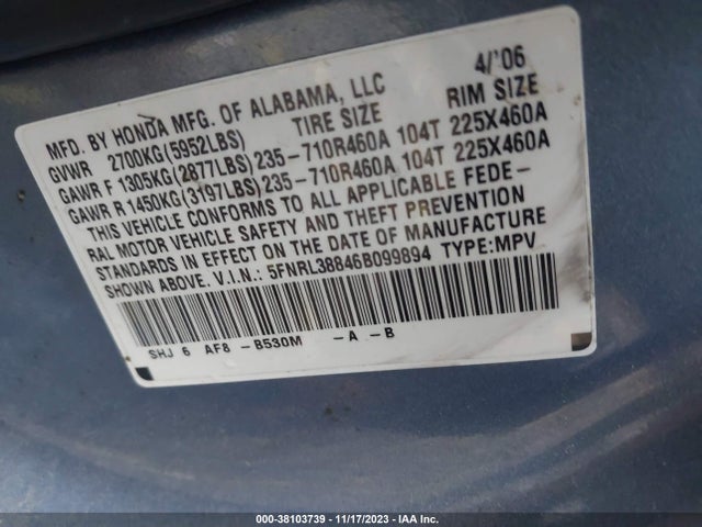 2006 HONDA ODYSSEY TOURING VIN: 5FNRL38846B099894