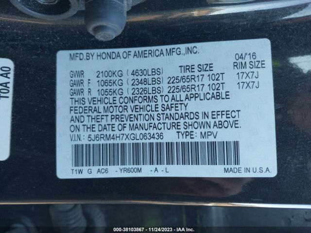 5J6RM4H7XGL063436 Honda Cr-v Ex-l