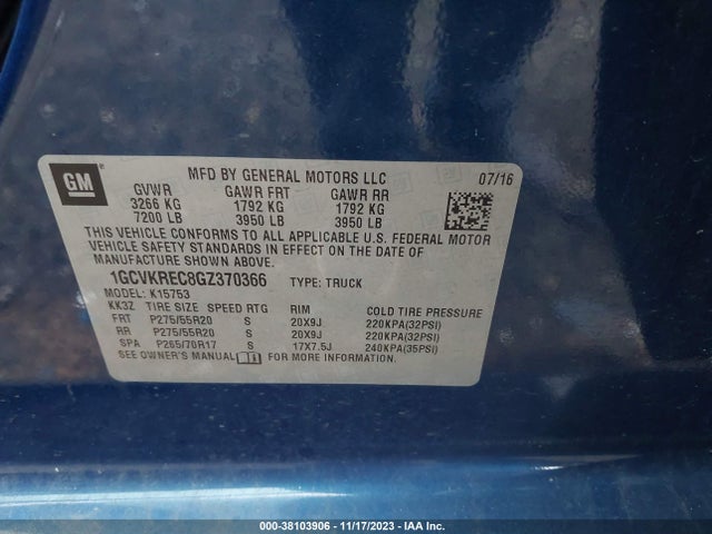 2016 CHEVROLET SILVERADO 1500 1LT VIN: 1GCVKREC8GZ370366