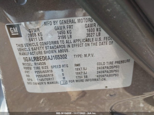 2010 BUICK ENCLAVE 1XL VIN: 5GALRBED6AJ165302