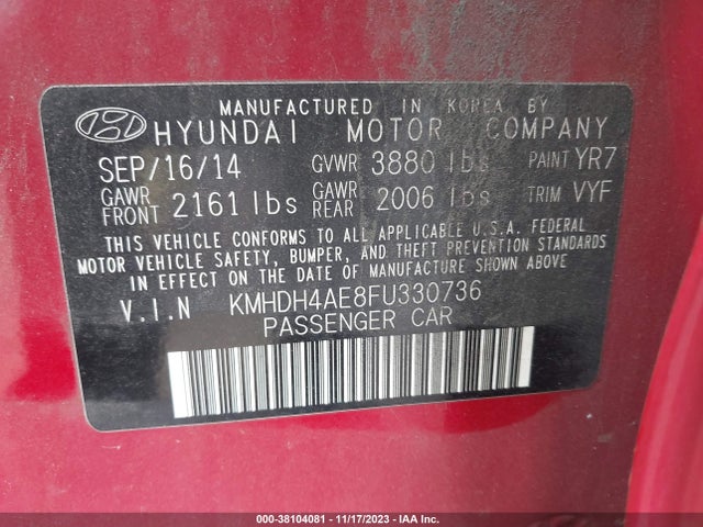 2015 HYUNDAI ELANTRA SE (ULSAN PLANT) VIN: KMHDH4AE8FU330736