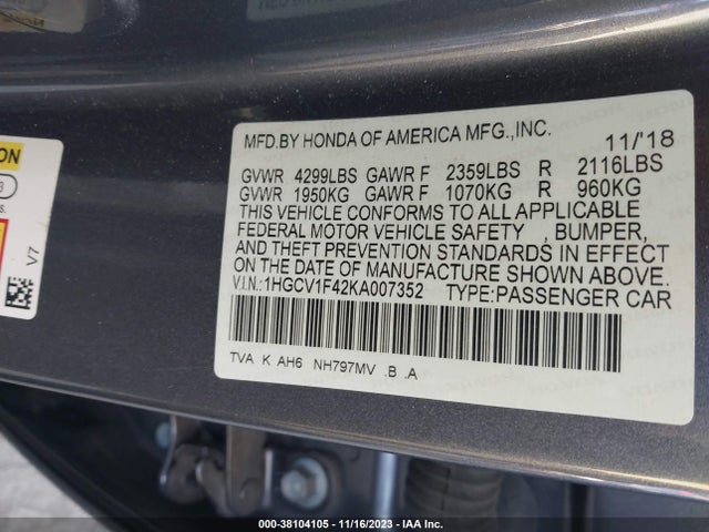 Honda ACCORD EX 2019 1HGCV1F42KA007352 Image 9