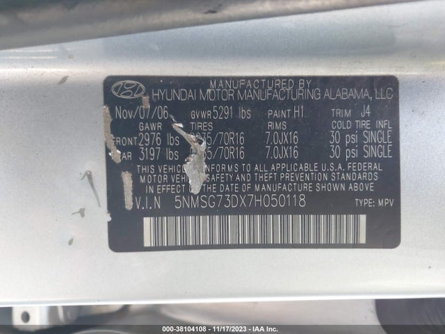 2007 HYUNDAI SANTA FE GLS VIN: 5NMSG73DX7H050118
