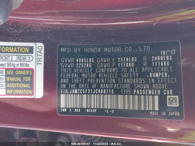 JHMZC5F31JC000715 Honda Clarity Plug-in Hybrid Touring