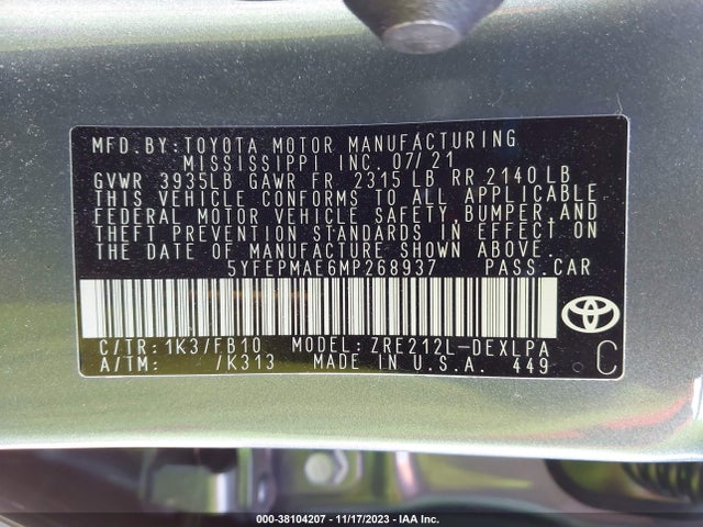 2021 TOYOTA COROLLA LE VIN: 5YFEPMAE6MP268937