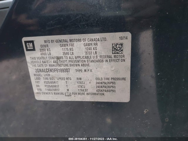2015 CHEVROLET EQUINOX 2LT VIN: 2GNALCEK5F6189307