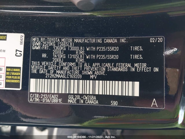 2020 LEXUS RX RX 350 VIN: 2T2HZMAA6LC169209