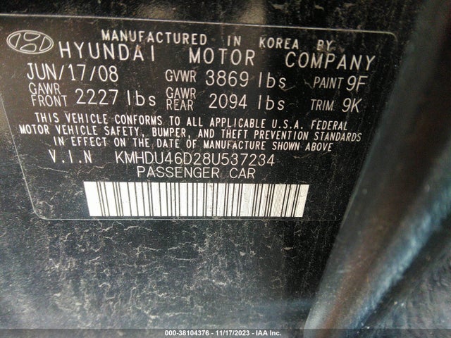 2008 HYUNDAI ELANTRA GLS/SE VIN: KMHDU46D28U537234