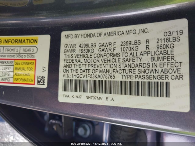 2019 HONDA ACCORD EX-L VIN: 1HGCV1F53KA075765