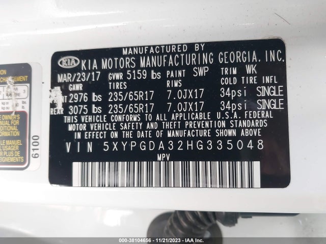 2017 KIA SORENTO 2.4L LX VIN: 5XYPGDA32HG335048