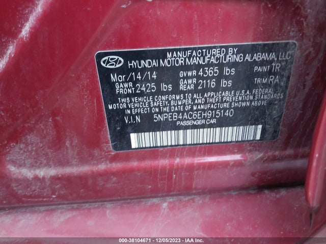 2014 HYUNDAI SONATA GLS VIN: 5NPEB4AC6EH915140