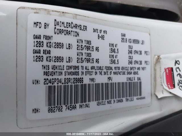 2003 DODGE GRAND CARAVAN EL VIN: 2D4GP34L83R129066