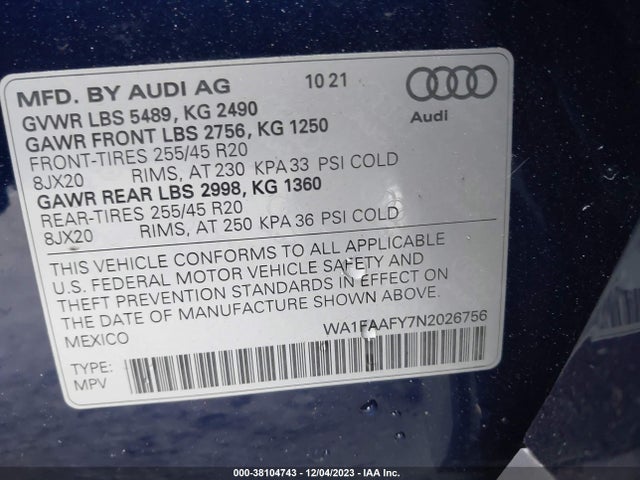 WA1FAAFY7N2026756 Audi Q5 Prestige 45 Tfsi S Line Quattro S Tronic