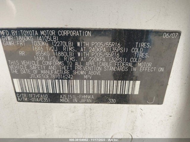 2008 SCION XB VIN: JTLKE50E781016242