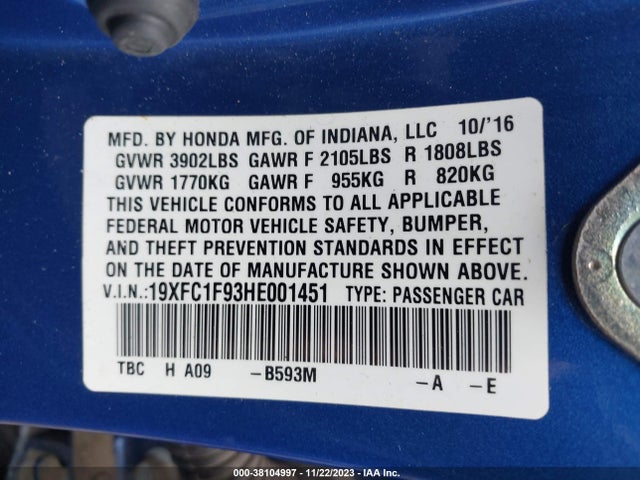2017 HONDA CIVIC TOURING VIN: 19XFC1F93HE001451