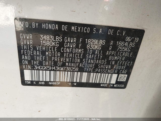 2019 HONDA FIT LX VIN: 3HGGK5H43KM738258