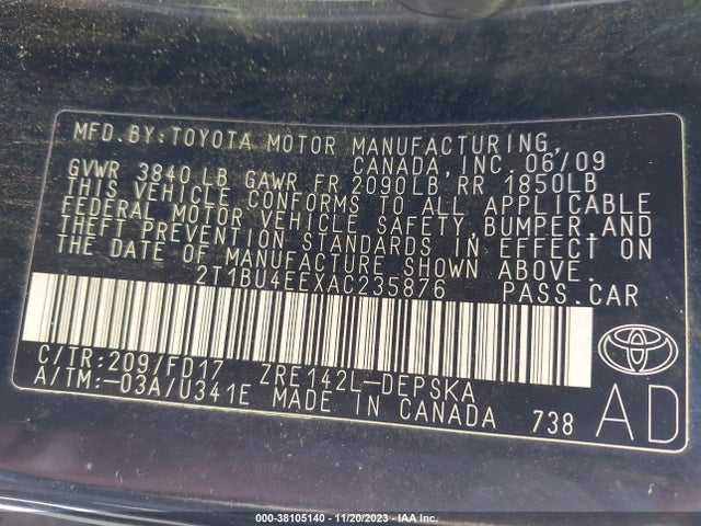2010 TOYOTA COROLLA S VIN: 2T1BU4EEXAC235876